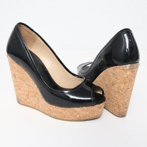 Jimmy Choo Black Patent Cork Wedges Sz 35.5